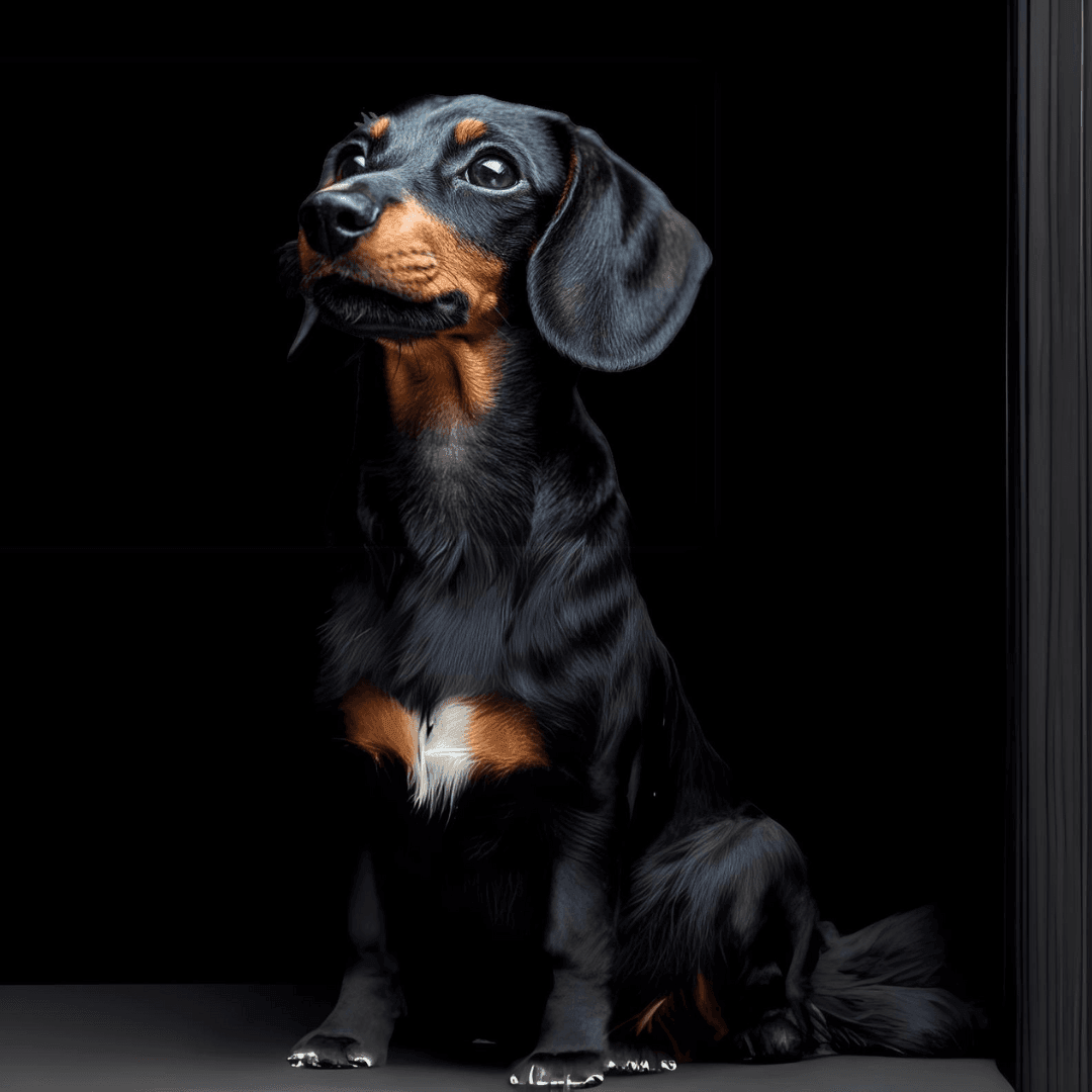 Portrait of a black and tan dachshund dog sitting against a dark background.